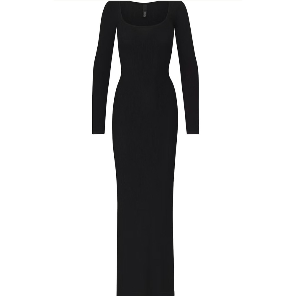Skims Soft Lounge Long‎ Sleeve Dress Onyx Black Ribbed Maxi AP-DRS-1701 Small